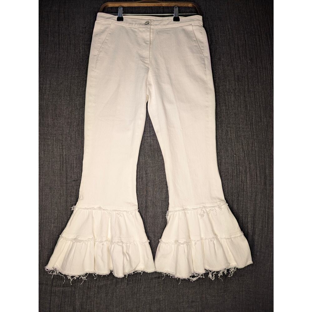 Cinq à Sept White Petal Ethel Ruffle Cuff Denim Flare Jeans Sz 6 Bridal Brunch - Picture 2 of 16